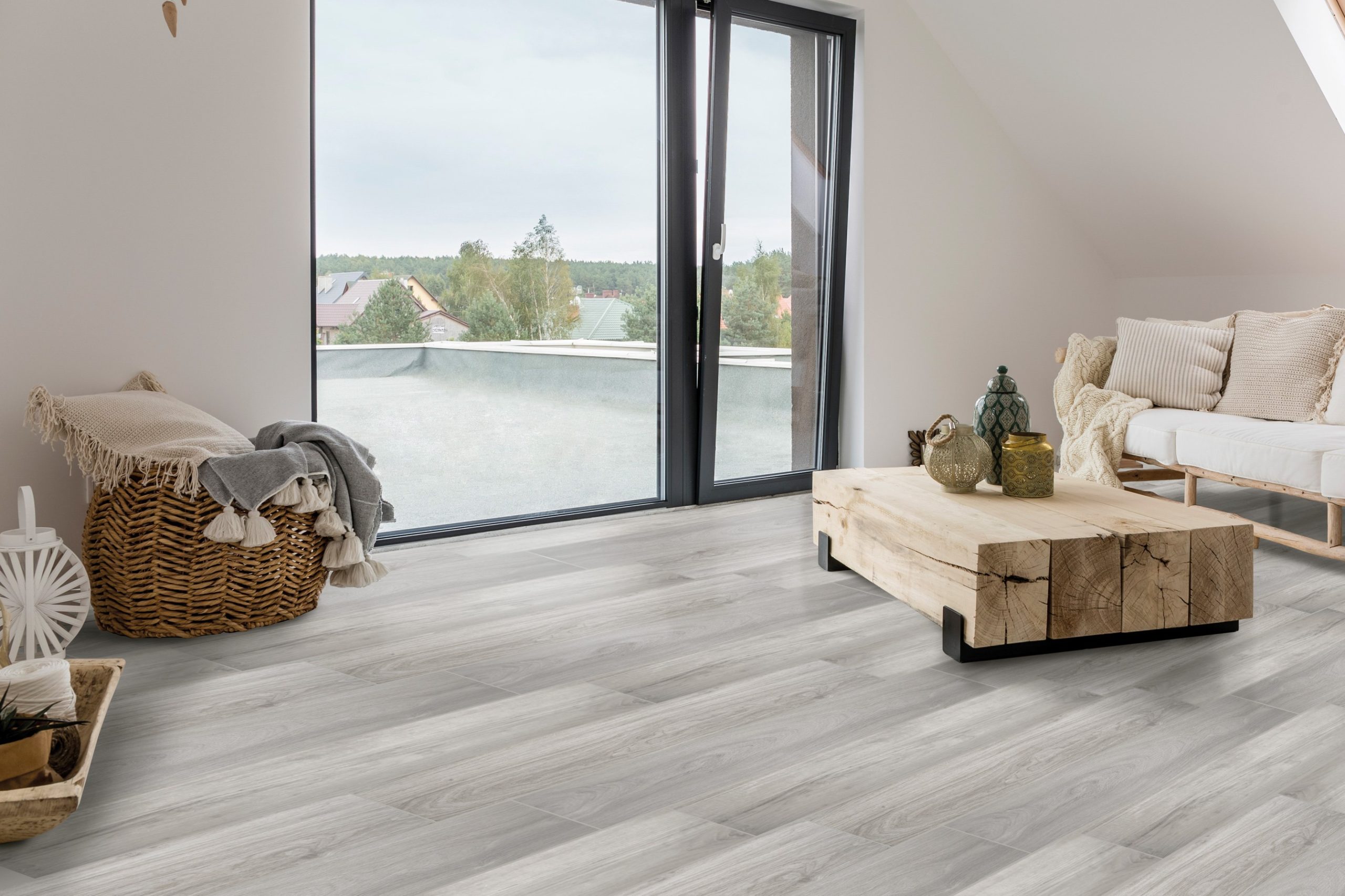 White Attic Room With Balcony And Wooden Decorative Accessories